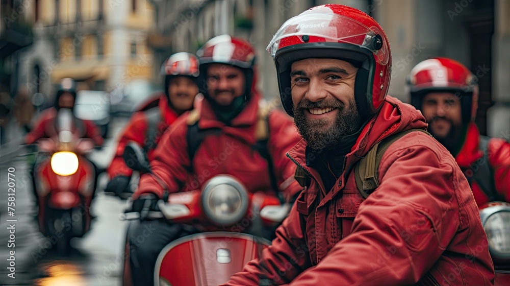 a crew of smiling delivery guys whit red jackets in his delivery motorcycles a crew of smiling delivery guys whit red jackets in his delivery motorcycles