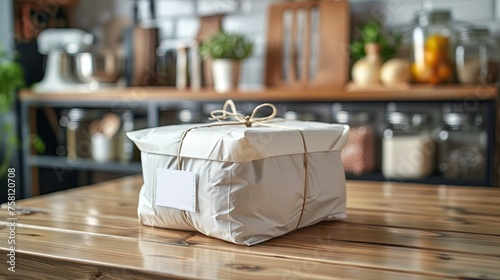 White parcel with blank tag on wooden table in modern kitchen. Delivery service concept  mock up