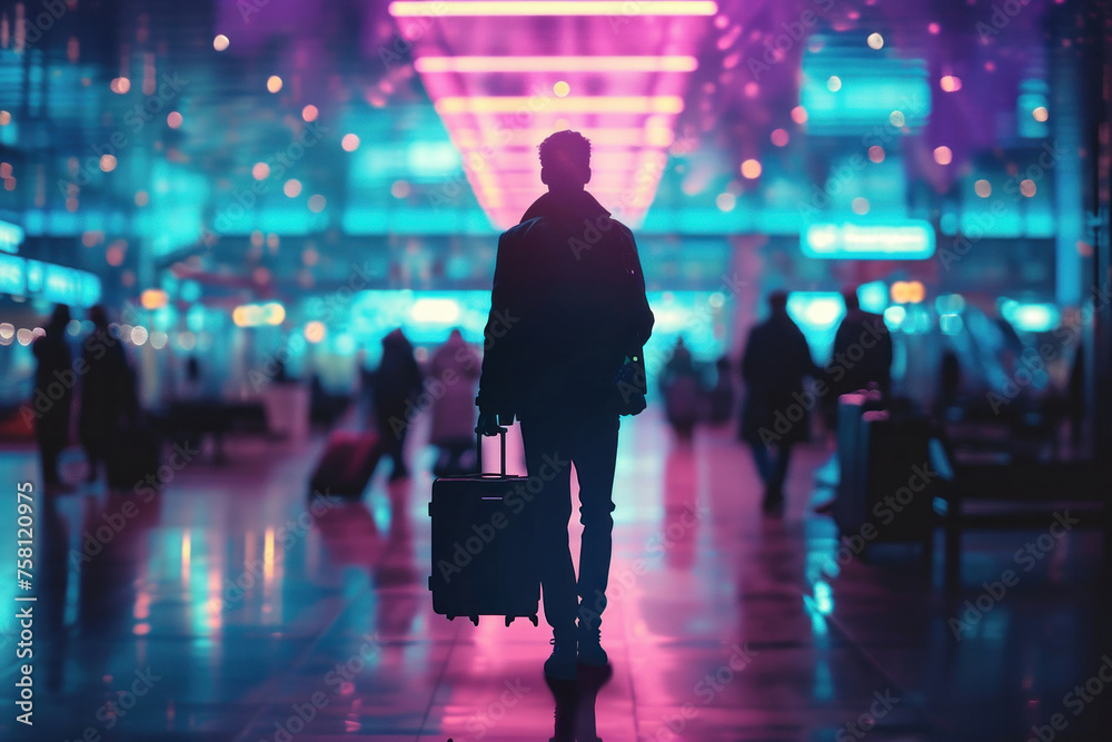 Silhouette of a man walking through an airport at night with a suitcase in his hand, travel concept