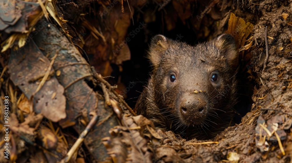 A Wombat peeking out from a burrow amidst a bed of dry leaves and soil - AI Generated Digital Art A Wombat peeking out from a burrow amidst a bed of dry leaves and soil - AI Generated Digital Art