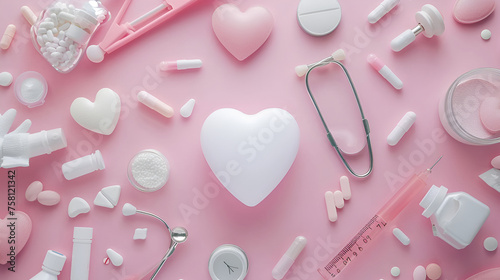 Stethoscope, heart and pills on color background. Cardiology concept, Modern stethoscope and hearts on color background photo