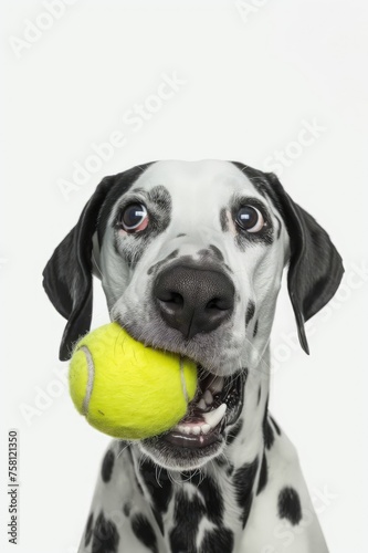 portrait of a Dalmatian with a bizarre facial expression, with a tennis ball in his mouth
