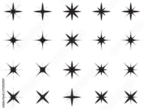 Star sparkle and twinkle. Star burst, flash stars. Isolated vector starburst icons, black silhouettes, shining lights and sparks of bright glowing rays and flare effect. shiny glitter in eps 10.