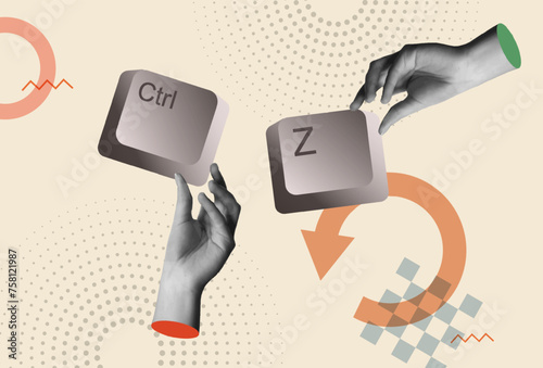 Undo shortcut, Ctrl z keyboard keys and hands in retro collage vector