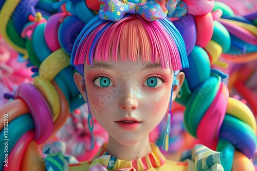 Design a 3D animated scene featuring colorful harajuku fashion trends photo