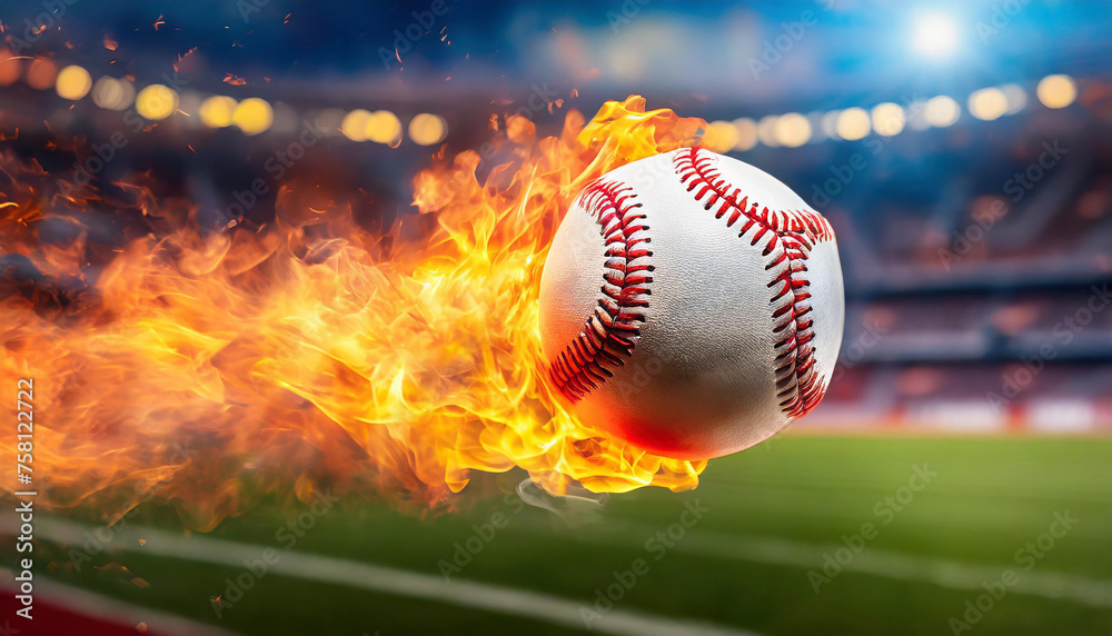 Fiery hot baseball ball kicked with power. Orange flame. Professional active sport. Blurred arena