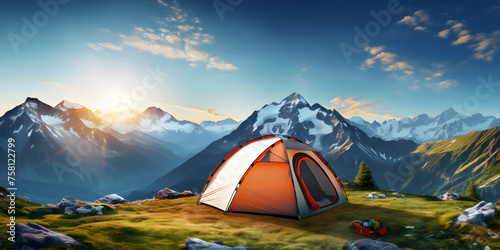 Adventures Camping tourist and tent under the awesome mountain landscape,Hiking Landscape .camp in the mountains photo
