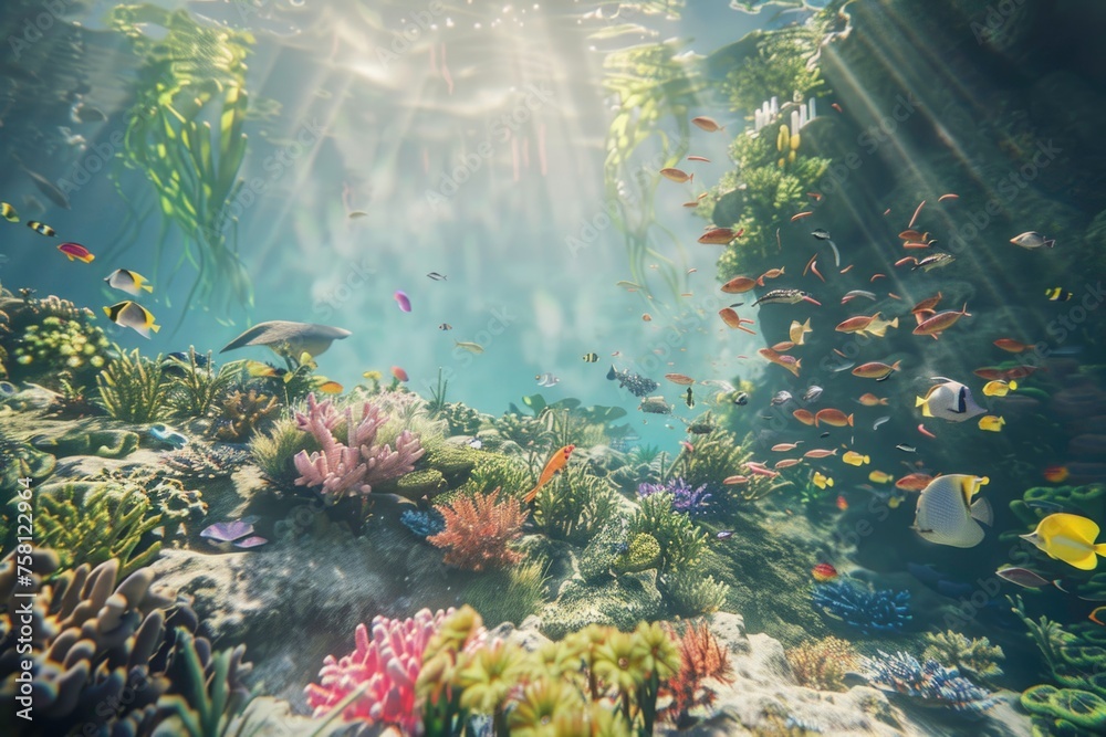A colorful underwater scene with a variety of fish swimming around - obrazy, fototapety, plakaty 
