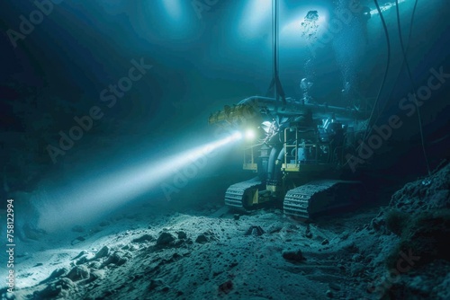 A submarine is in the water with a bright light shining on it