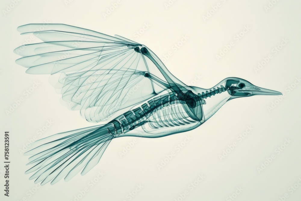 A bird skeleton is shown in a blue and white color scheme Stock ...