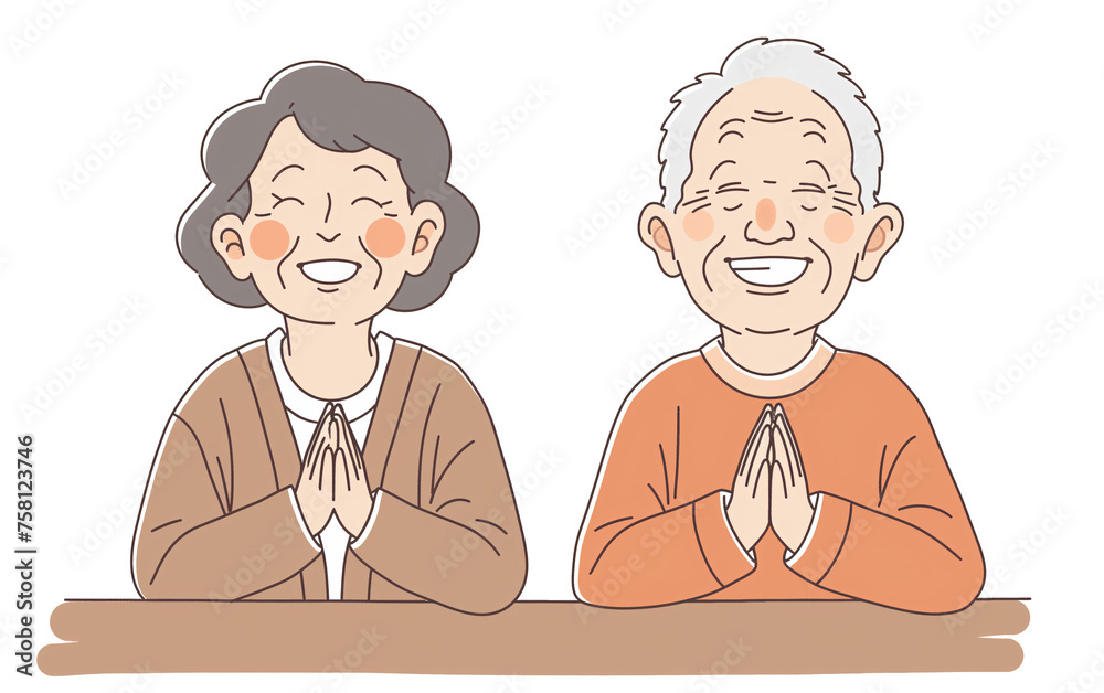 A simple line drawing of an elderly couple smiling and clapping in the style of Japanese animation A simple line drawing of an elderly couple smiling and clapping in the style of Japanese animation