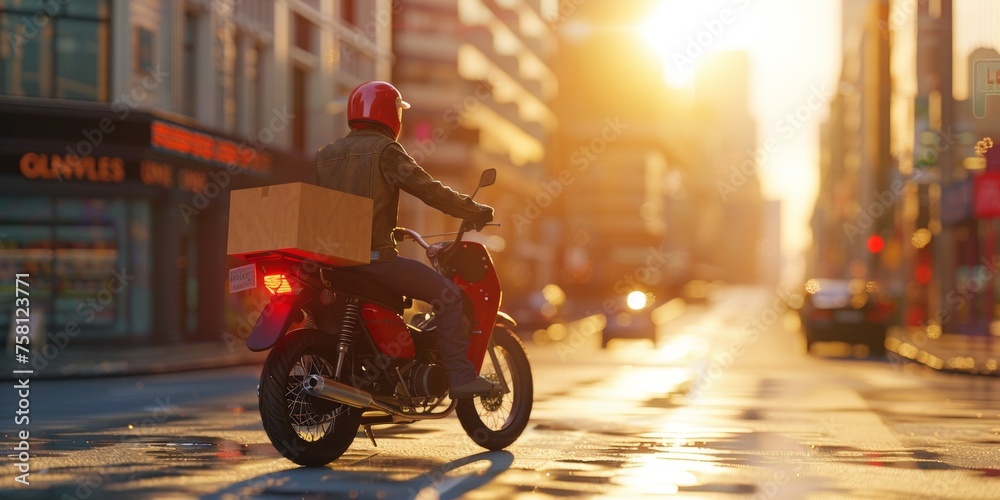 courier delivers parcels around the city on a motorcycle Generative AI - obrazy, fototapety, plakaty 