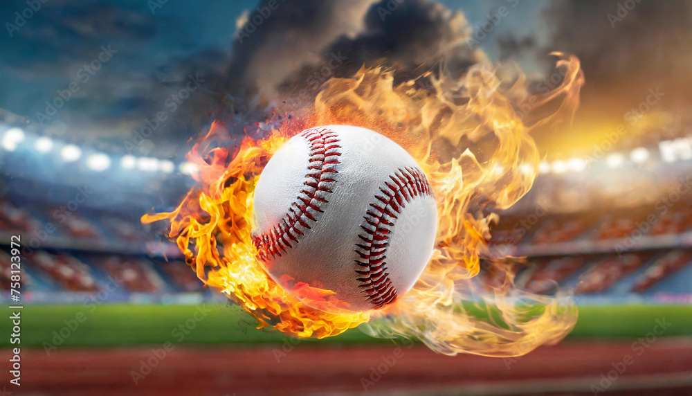 Fiery hot baseball ball kicked with power. Orange flame. Professional active sport. Blurred arena - obrazy, fototapety, plakaty 