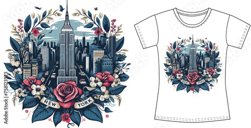 Decorative floral city-building women's t-shirt design. High-definition and smooth vectorize. 