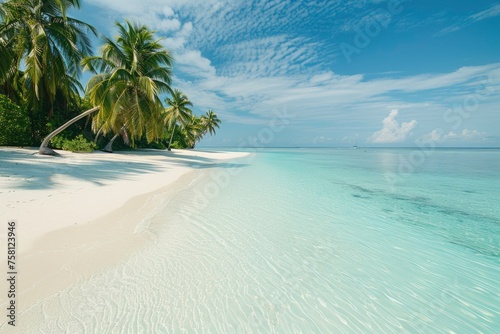 A beautiful beach with palm trees and a clear blue ocean © Moon Story
