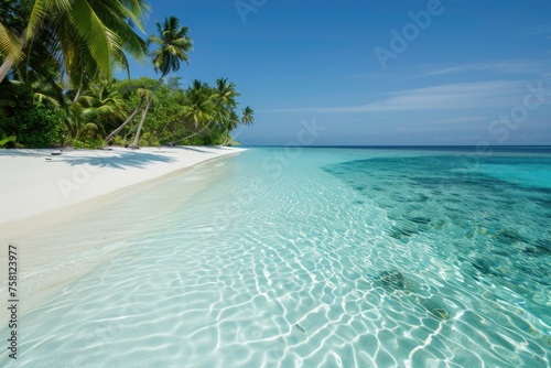 A beautiful beach with clear blue water and palm trees