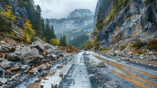 Rockfall on the road. Large rocks of rock fell on the asphalt road. Scattered stones on the road. Rockfall. Automobile sign of falling stones. Watch out for rockfall. Rockfall danger. © Nataliya