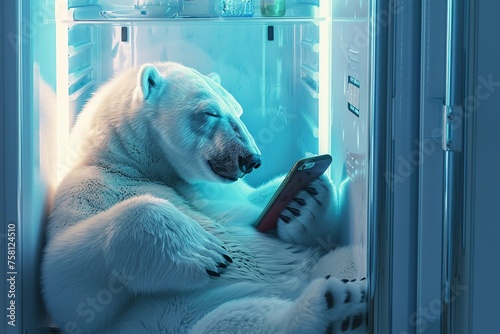 Refrigerator door swings open to show a polar bear lounging happily tapping away on a mobile phone