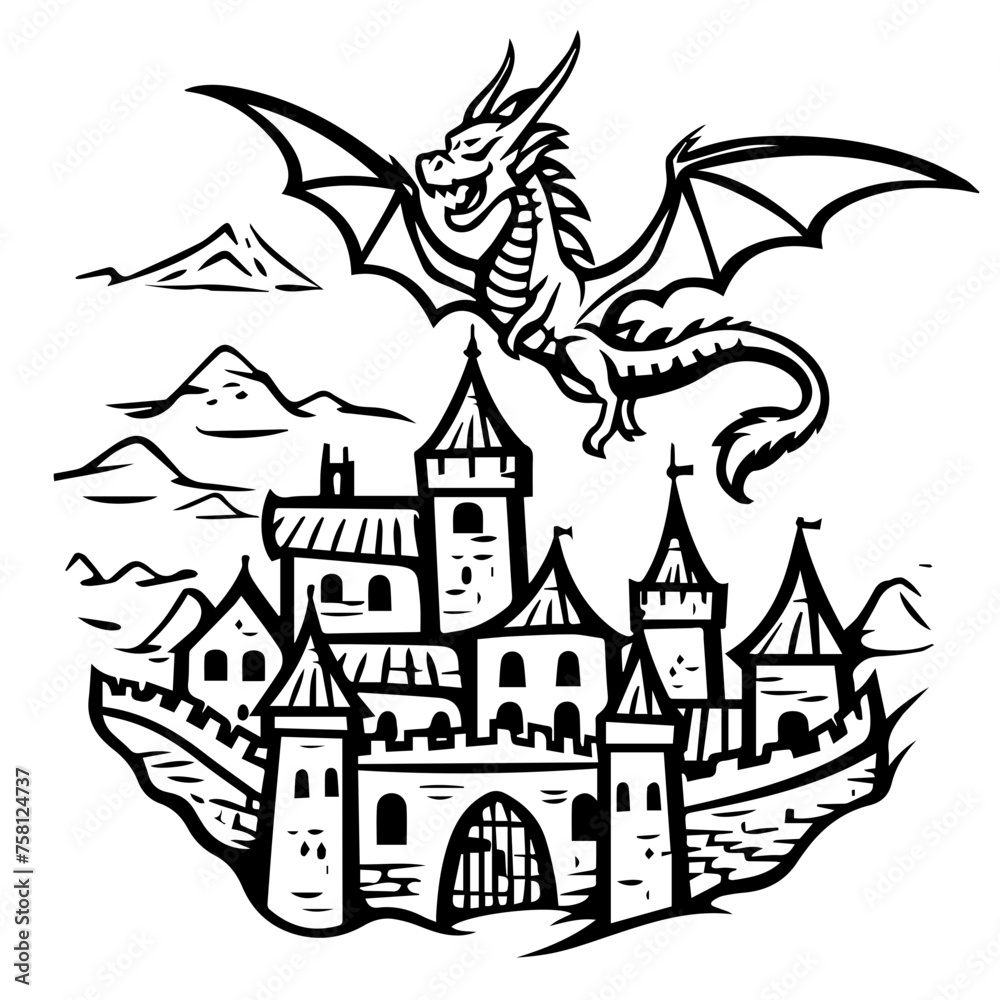 Dragon Flying Over Medieval Castle Vector Illustration