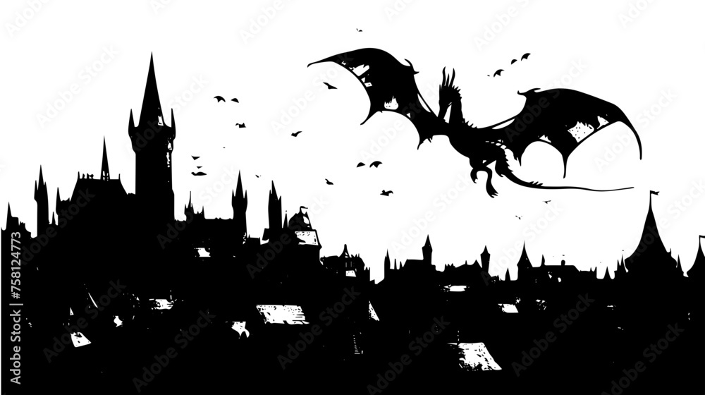 Dragon Flying Over Medieval Castle Vector Illustration