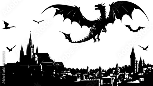 Dragon Flying Over Medieval Castle Vector Illustration