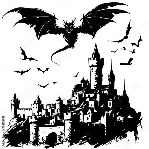 Dragon Flying Over Medieval Castle Vector Illustration