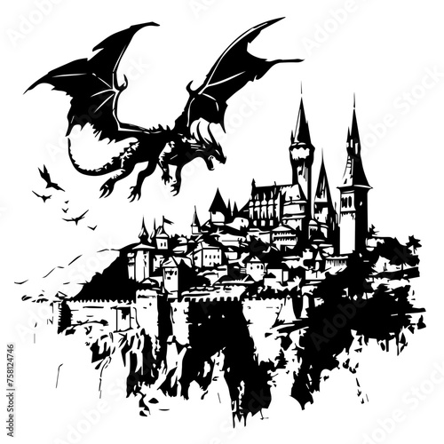 Dragon Flying Over Medieval Castle Vector Illustration