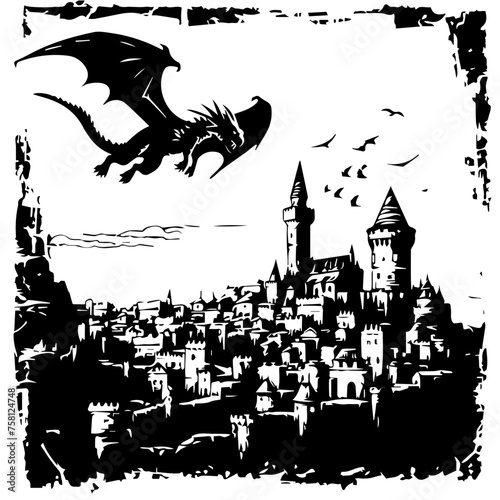 Dragon Flying Over Medieval Castle Vector Illustration