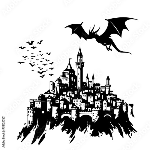 Dragon Flying Over Medieval Castle Vector Illustration