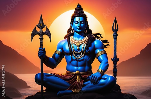 Illustration of lord shiva sitting in meditation with a trident at sunset