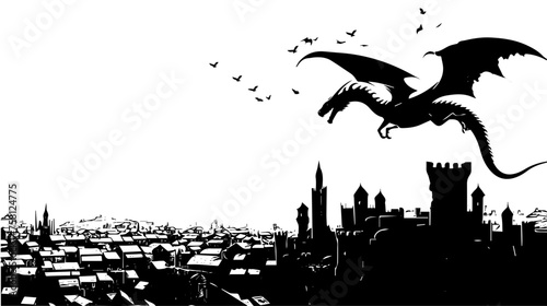 Dragon Flying Over Medieval Castle Vector Illustration