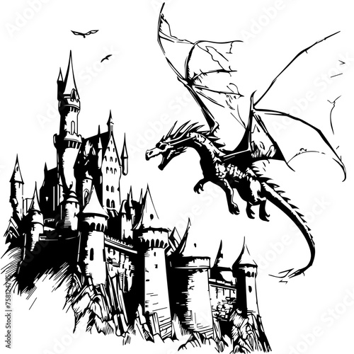 Dragon Flying Over Medieval Castle Vector Illustration