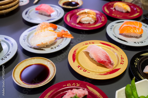 Taiwan 15 December 2023:  Dishes of Sushi in the Sushiro Japanese restaurant photo