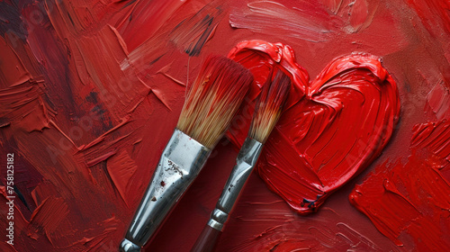 Two paint brushes creating a heart shape on red background symbolizing love and creativity photo