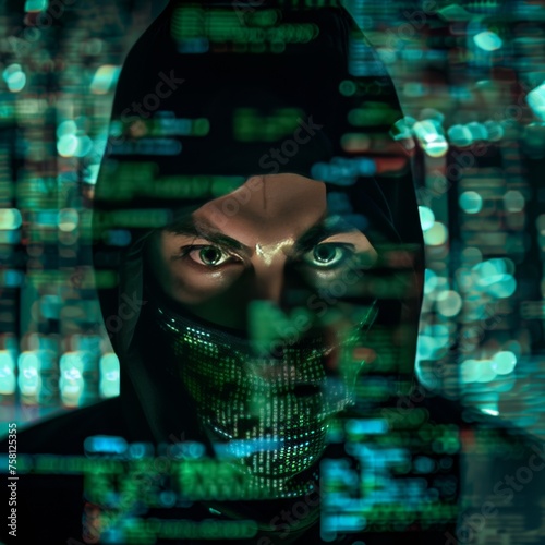 Hacker on a code digital interface background, internet crime concept, cybercrime concept, cyberattack, dark web.
