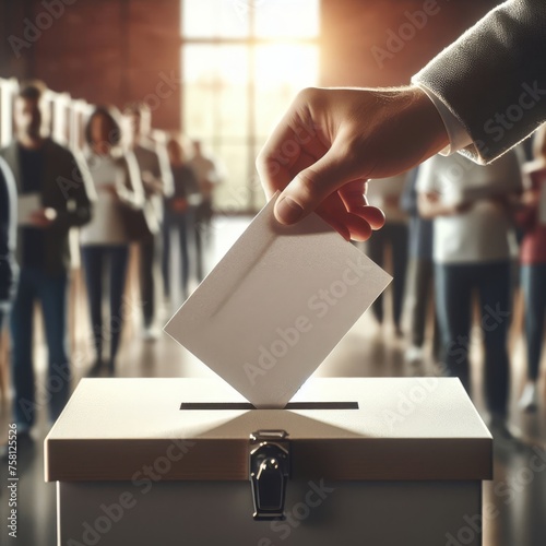 A hand puts a piece of paper into a ballot box with peoples in the background. Elections concept.Citizens vote symbolizing unity, democracy
