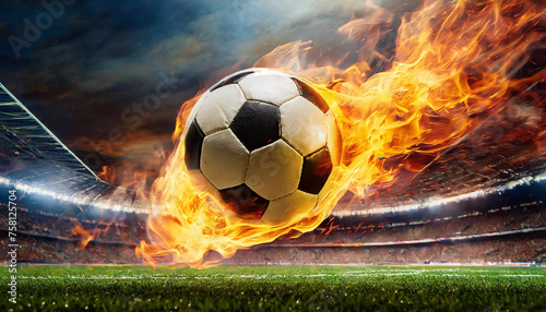 Fiery hot soccer ball kicked with power. Football game. Orange flame. Professional active sport.
