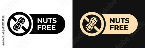 Peanuts free icon. No nuts label. Allergen free illustration, logo, symbol, sign, stamp, tag, emblem, mark or seal for product packaging isolated.