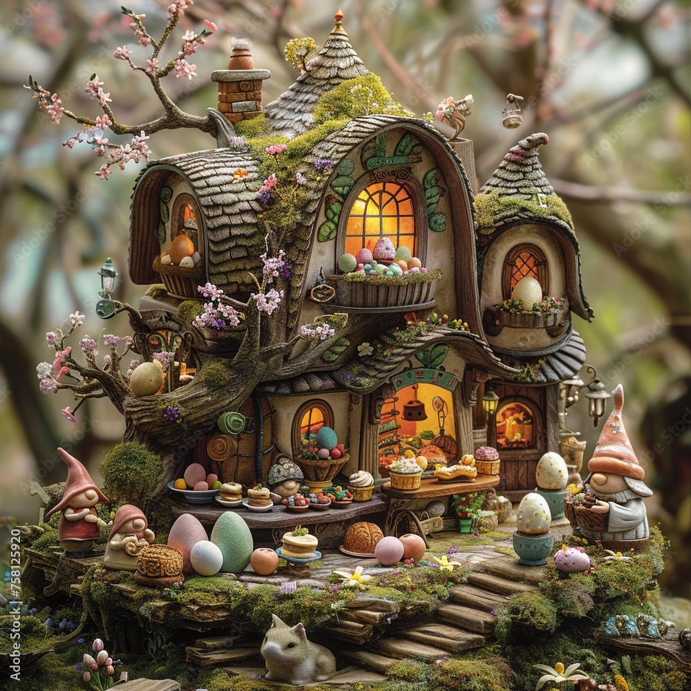 Amidst a whimsical garden filled with gnomes and colorful Easter eggs a bustling bakery exudes mirth and joy