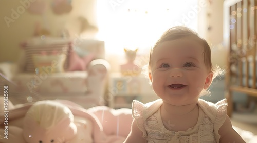 Happy Baby Girl in Pastel Nursery: Radiant Joy and Soft Sunlight