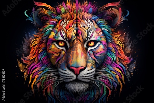 Blazing wildlife essence a vivid tiger head with rainbow aura © charunwit
