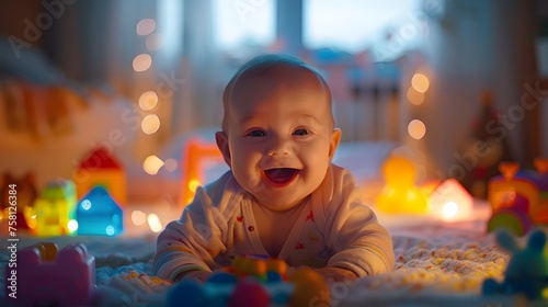 Exuberant 2-Month-Old Baby Playing with Vibrant Toys in a Cozy Home Setting