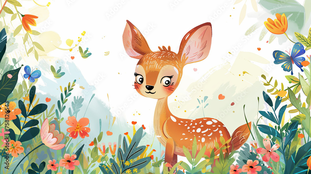 An inquisitive young fawn peers through a sun-dappled grove, surrounded by a whimsical array of blooming flowers and playful butterflies.