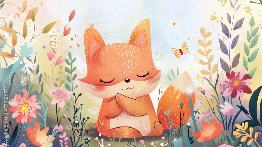 An orange fox, embodying calmness, slumbers with a tender smile, encircled by a fanciful selection of blooms and gentle-colored butterflies, creating a scene of enchanting serenity.