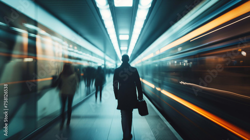 People walking in the subway, motion blur of train passes by