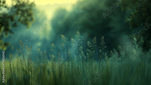 Misty morning in the forest  meadows and flowers close up shot