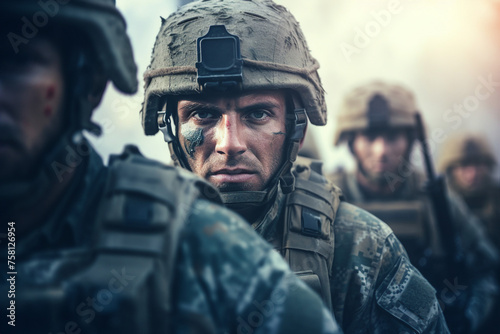 Generated with ai close up portrait of a soldier with a weapon during a military operation