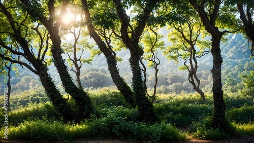 Beautiful sunny morning in green forest