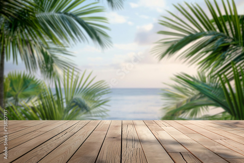Empty product display, wooden boards, background with beach with palm trees. Generative Ai