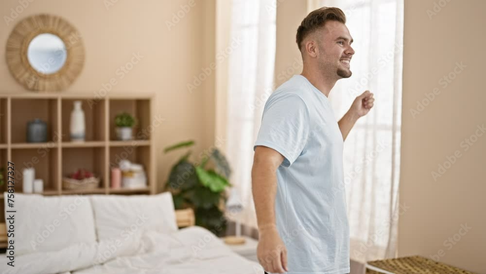 Smiling man stretching in his bedroom, expressing wellness and a casual lifestyle at home. Smiling man stretching in his bedroom, expressing wellness and a casual lifestyle at home.